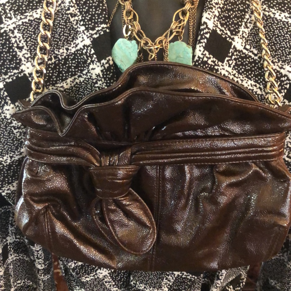 Loeffler Randall Handbag Chocolate Metallic Purse Heavy Gold Chain Link Strap